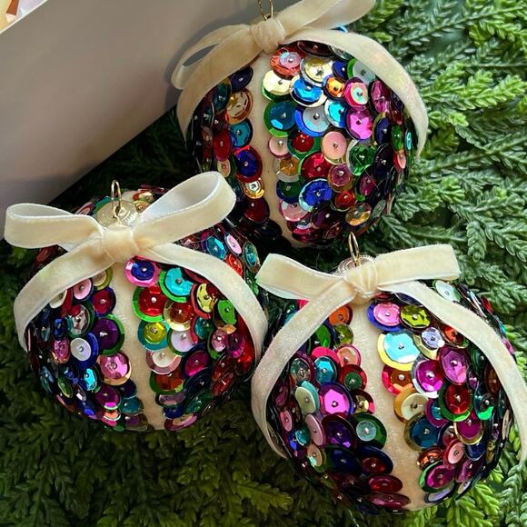 Sequin Ball Push Pin Christmas Ornaments Multicolor Cream Velvet Bow Set/3 - Picture 1 of 6